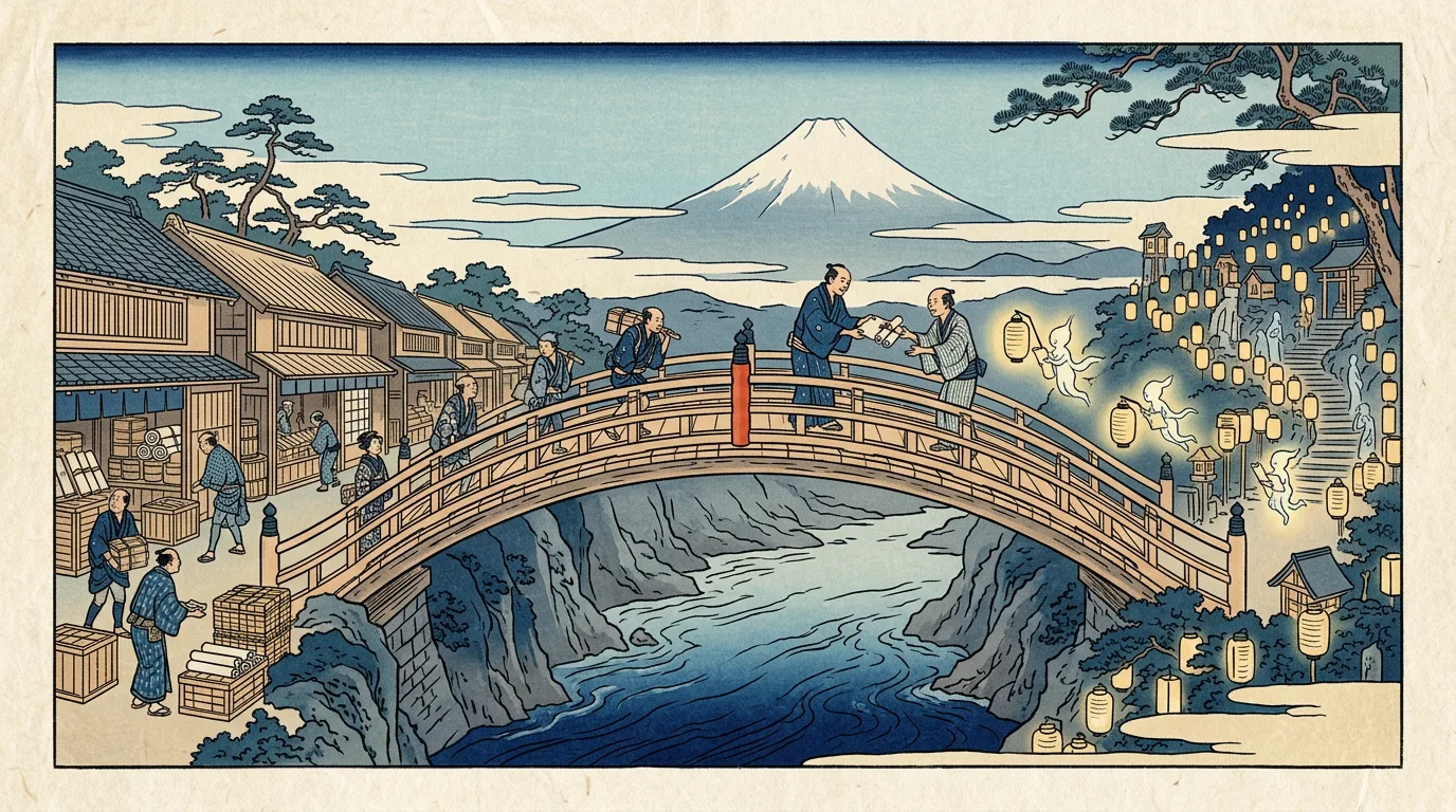 拱橋上，商人與燈籠信使互相交換卷軸，背景是富士山