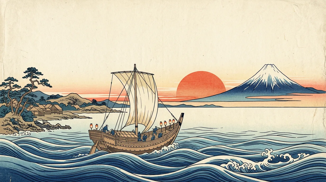 黎明時分，一艘帆船揚帆出航，駛向紅日與富士山