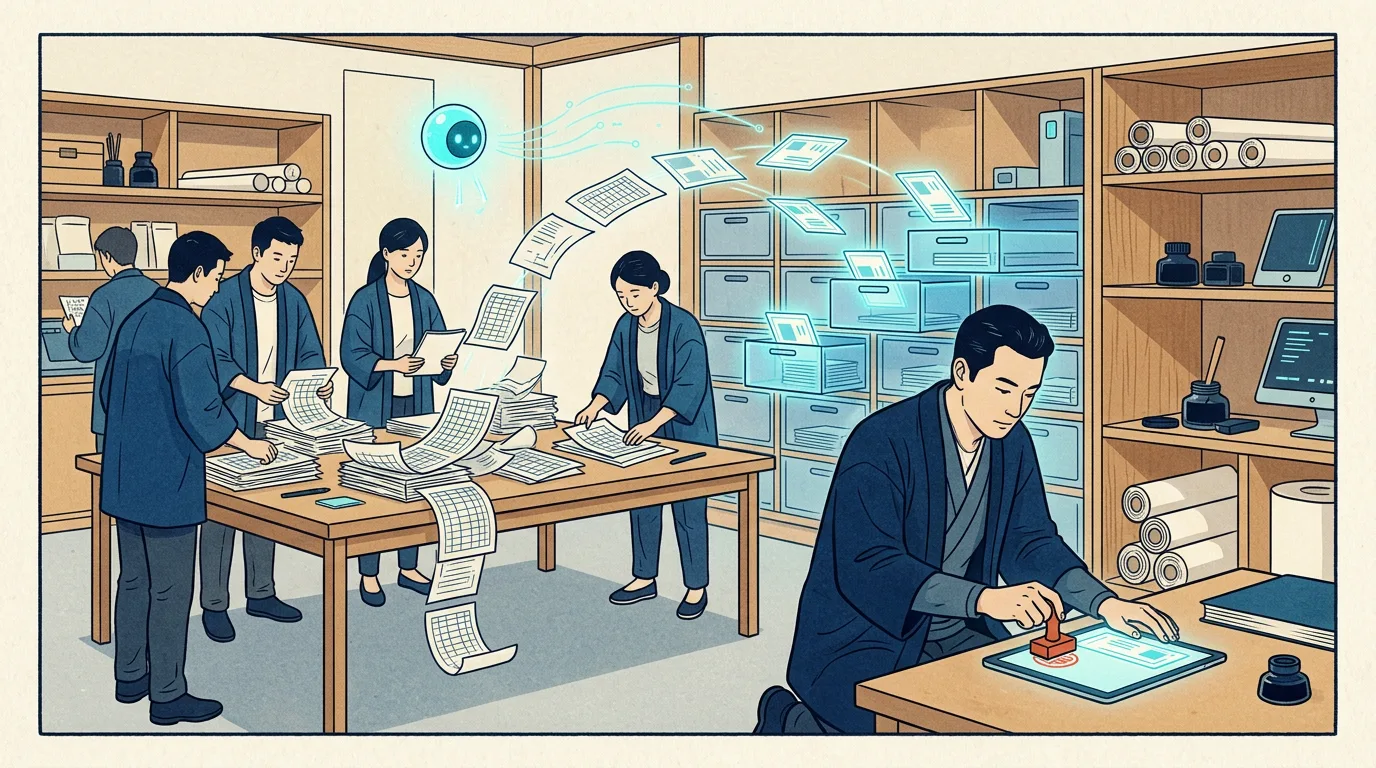 工坊裡的職人把凌亂的帳冊轉成整齊的資料卡片，店主在平板上確認並蓋下核可章