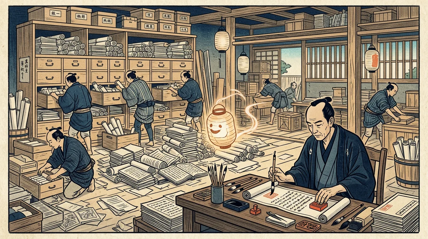工坊裡的職人把凌亂的帳冊分類收進整齊的抽屜，店主在一旁蓋章核可